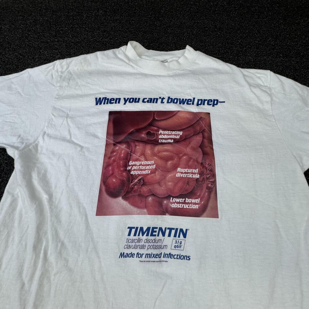 Vtg Hanes Shirt Mens L White TIMENTIN Medical Graphic Bowel Prep Antibiotic Tee